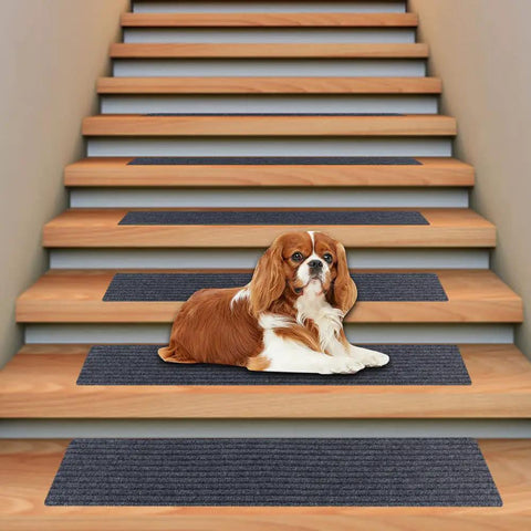 Grippy Anti Slip Stair Treads Indoor Carpet 8 By 30 Inches 15 Pack for Wooden Steps with dog on gray runner mat