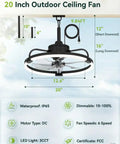 20 Inch Outdoor Ceiling Fan With Lights For Patio And Gazebo IP65 Waterproof Caged Design Plug In With Remote And App
