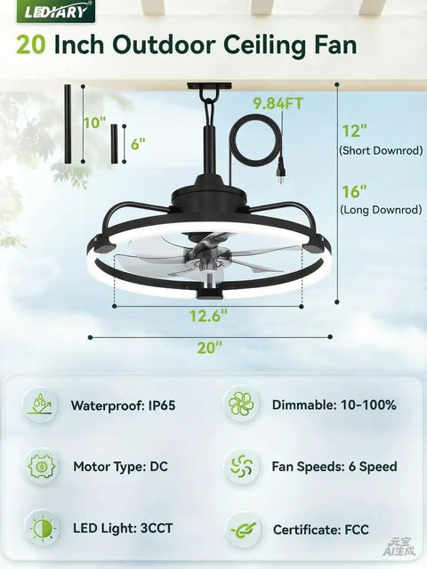 20 Inch Outdoor Ceiling Fan With Lights For Patio And Gazebo IP65 Waterproof Caged Design Plug In With Remote And App