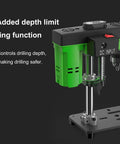 XVIIUIFOI Mini Drill Press With Dual Power Modes Adjustable Depth Control For Wood Metal Steel PVC Projects Ideal Benchtop Drilling Machine showing depth limit ring function.