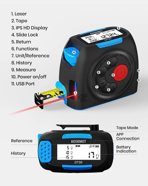 2 In 1 Laser Distance Meter And Auto Lock Tape Measure, 131 Ft Laser Range And 16 Ft Tape, detailed product features display