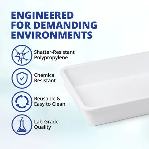 Polypropylene Lab Tray Autoclavable 15x12x3 Inches Multipurpose Containment Tray For Sterilizing And Drying Lab Gear And Equipment Chemical Resistant Durable Utility Tray For Organizing One Pack, angled view