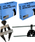 Front view of PGN RC-KIT-25-60 roller chain tool kit with breaker, cutter, detacher and puller; two blue boxes.