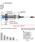 Diagram of Capacitive Proximity Sensor Switch M18 Non Shield Type With 10mm Detection Distance, showing measurements and wiring.