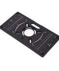 Heavy Duty Router Table Insert Plate Built Like a Boss Using Premium Anodized Aluminum Alloy With Four Tight Rings and Extra Screws for Flawless Workshop Woodworking Projects - black plate with circular opening and measurement markings.