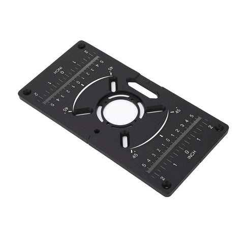 Heavy Duty Router Table Insert Plate Built Like a Boss Using Premium Anodized Aluminum Alloy With Four Tight Rings and Extra Screws for Flawless Workshop Woodworking Projects - black plate with circular opening and measurement markings.