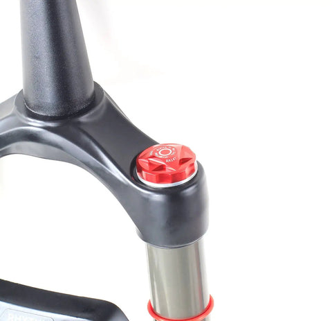 Bike Air Valve Top Cap Cover for Suspension Forks, CNC Machined Aluminum, shown installed on bike fork, red color option.