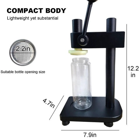 Black Manual Height Adjustable Can Sealer Machine With Ten Standard Aluminum Cans And Heavy Duty Sealing Cups, compact design with 2.2in bottle opening.