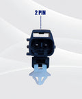 Front view of a 2-pin ambient air temperature sensor with black plastic housing and white mounting clip