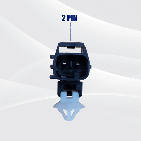 Front view of a 2-pin ambient air temperature sensor with black plastic housing and white mounting clip