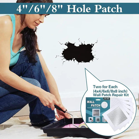 All In One Wall Repair Patch Kit With Self Adhesive Aluminum Mesh For Holes In Walls And Ceilings Includes Four Inch Six Inch And Eight Inch Patches Two Of Each DIY Ready Safe Mend Drywall Patch Plasterboard Repair Filler Quick Sand Ready Finish woman repairing wall