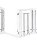 Ultra Wide 96 Inch Dog Gate With Walk Through Door, freestanding white wire pet gate with support feet, shown open