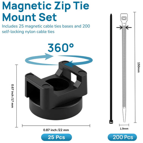 Magnetic Cable Tie Set With 25 Mounts And 200 Self Locking Ties Big Value Cable Management Kit with 22mm magnetic base and 150mm ties.