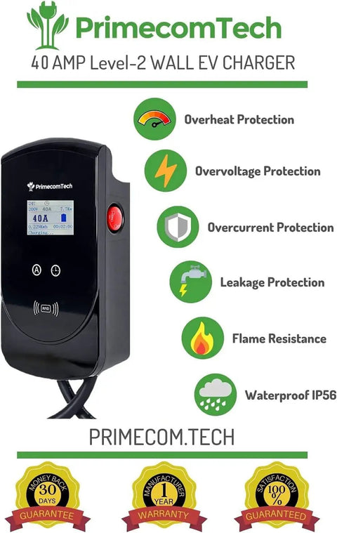 Level 2 EV Charger With 7.5 Meter Cable 40 Amp Smart Wall EVSE For Electric Vehicles Real Time Display Of Amperage Voltage And Usage Plug In Or Hardwire 220 240 Volt, showing protections icons and display panel.