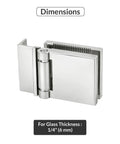 Buttery Smooth L Mount Shower Door Hinge For One Quarter Inch Tempered Glass Aluminum Bracket Polished Chrome Finish showing dimensions.