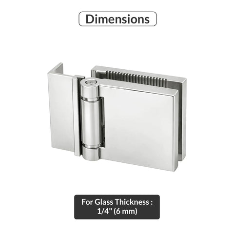 Buttery Smooth L Mount Shower Door Hinge For One Quarter Inch Tempered Glass Aluminum Bracket Polished Chrome Finish showing dimensions.
