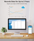 Desktop setup showing smart air quality monitor data storage with graph, computer, and smartphone app interface for Smart Air Quality Monitor With PM2.5 Sensor, WiFi, Temperature And Humidity Tracking, LED Display, Ultra Fast Two-Second Refresh, Two-Year Data Storage, Ideal For Home Or Office.