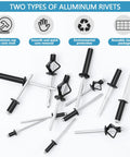 Black Pop Rivets Kit With 280Pcs Aluminum Blind Rivets Set Includes Thirteen Sizes One Eighth Inch Five Thirty Seconds Inch Three Sixteenth Inch Tri Fold Exploding Rivets For Kayak Boat Marine Heavy Duty DIY Projects, assorted rivets displayed.