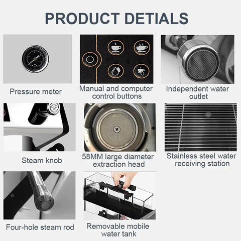 Commercial Semi Automatic Espresso Machine With Dual Boiler System 550Ml Extraction Boiler And 1L Steam Boiler 1.7L Water Tank Black Pro Grade Coffee Machine details showing pressure meter, control buttons, water outlet, steam knob, extraction head, and water tank.