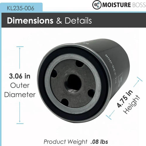 Oil Filter For Air Compressor Three Quarter Inch 16 Thread Replacement Part OEM Compatible With Major Brands Ingersoll Rand CompAir Purolator Heavy Duty Performance Four Point Seven Five Inch Tall Three Point Zero Six Inch Outer Diameter Two Hundred PSI, showing dimensions 3.06 in outer diameter and 4.75 in height