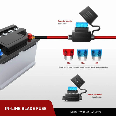 Illustration of inline blade fuse and battery for 12 Inch 72W Spot Flood Combo LED Light Bar Kit With Two 4Inch 18W Flood Pods