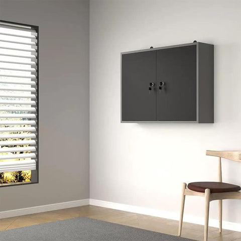 Metal Wall Cabinet With Lockable Door For Garage Or Basement Black And Grey Pegboard Interior With Detachable Shelves, installed, front view