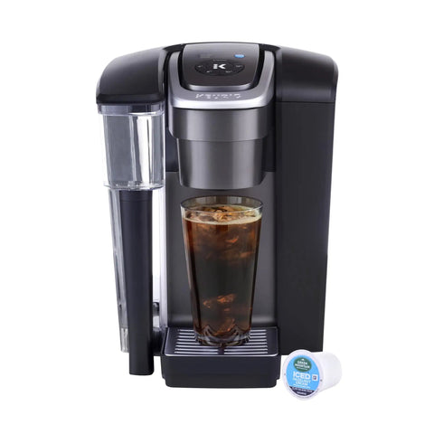 Office Ready Single Serve Coffee Maker For Small Teams With 96 Oz Water Reservoir Brews Hot Or Over Ice In Under A Minute 225 Plus K Cup Varieties From 35 Brands, front view with iced coffee and pod