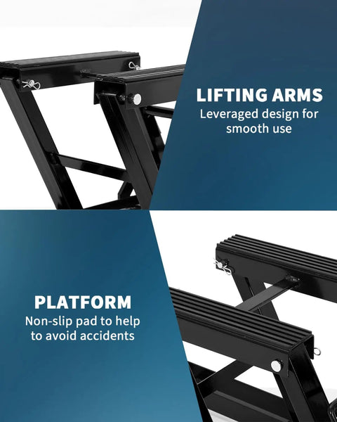 Heavy Duty 1500Lb Hydraulic Motorcycle Lift Jack With Adjustable 4.7 To 14.57 Inches Height Range Non Slip Platform Safety Lock Garage Scissor Jack For Motorcycles ATVs UTVs Dirt Bikes Car Maintenance Tool, black steel lifting arms and platform