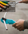Person using PEX Pipe Cutter For 1/8 To 1 Inch PEX And Rubber Hoses on metal pipe, PTFE coated blade, heavy duty aluminum handle