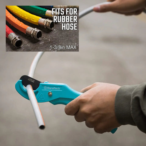 Person using PEX Pipe Cutter For 1/8 To 1 Inch PEX And Rubber Hoses on metal pipe, PTFE coated blade, heavy duty aluminum handle