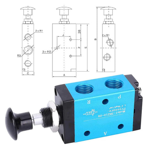 Manual Control Pressure Valve For Pneumatic Systems, 2 Position 3 Way Aluminum Body With PVC Seals, Aluminium Alloy Construction