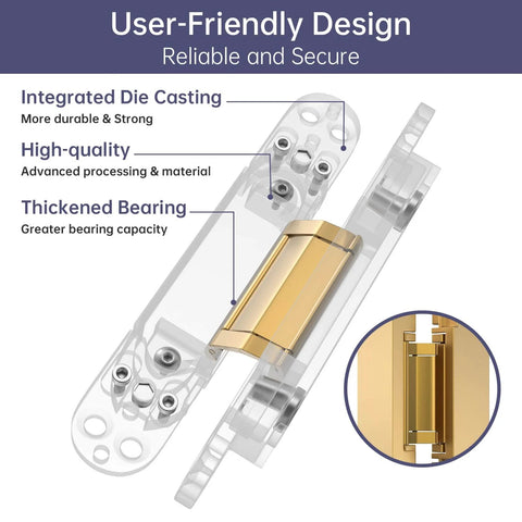 4 Pack 6 Inch Invisible Door Hinges For Concealed Doors Zinc Alloy 180 Degree Swing Adjustable 3 Way Butt Silent Door Hinge Gold Finish