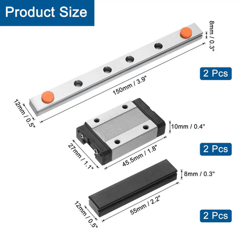 2 Pack 150mm MGN12 Linear Guide Rail Kit With 2 MGN12H Carriage Blocks And Mini Linear Guides For DIY 3D Printers And CNC Machines Bearing Steel Black, showing rail, carriage, and guide sizes.