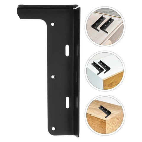 Heavy Duty L Bracket Set for Floating Shelves, Black Steel Wall Mount Supports, shown on various wood surfaces