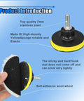 Pro Wool Polishing Pad Kit For Auto Detailing And Waxing Includes Five 3.92 Inch Buffing Pads With Hook And Loop Backing One 2.85 Inch Adhesive Backing Pad And An M10 Drill Adapter For Polisher Buffers Shine Like A Boss showing stainless steel adapter and adhesive wool and sponge pads on blue background