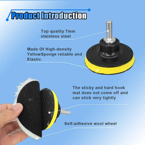 Pro Wool Polishing Pad Kit For Auto Detailing And Waxing Includes Five 3.92 Inch Buffing Pads With Hook And Loop Backing One 2.85 Inch Adhesive Backing Pad And An M10 Drill Adapter For Polisher Buffers Shine Like A Boss showing stainless steel adapter and adhesive wool and sponge pads on blue background