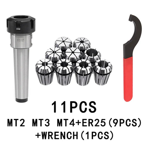 Premium ER25 Morse Taper Collet Chuck Set MT2 MT3 MT4 1 To 16mm Grip For CNC Milling And Lathe Tools with 11 pieces including a wrench.