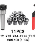 ER25 Morse Taper Collet Chuck Set with 11 PCS including MT2, MT3, MT4, and 9 collets, plus wrench for secure CNC milling.