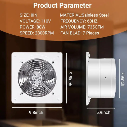 Workhorse 8 Inch Exhaust Fan With 735 CFM Wall Mount Ventilation side view and dimensions showing 9.8-inch square frame