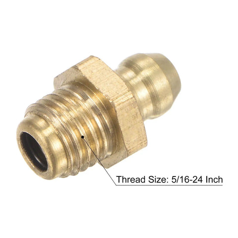 Close-up of brass straight grease fitting with 5/16-24 thread, part of 10mm wide hydraulic fittings set, 20-piece assortment for machinery.