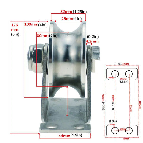 Heavy Hitter 304 Stainless Steel Groove Caster Wheel With Double Bearing 4 Inch Sheave Pulley side view with measurements