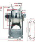 Heavy Duty U Groove Track Wheel With Solid 304 Stainless Steel Double Bearing Pulley, side view with dimensions labeled.