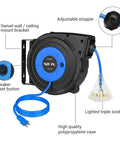 Retractable Extension Cord Reel With 50 Ft Heavy Duty Power Cord 14 AWG 3 Conductor SJTOW Three Grounded Outlets Lighted Triple Tap