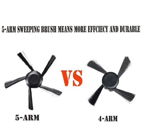 Comparison of 5-arm vs 4-arm side brushes for Replacement Accessories Kit For Neato Botvac D Series Robotic Vacuum D75 D80 D85 D3 D4 D5 D6 D7 D8 D9 D10 Includes One Main Brush, Five Ultra Performance HEPA Filters, Five Side Brushes To Keep Your Cleaner On Point.