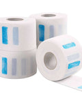 Front view: five white paper disposable neck strips with blue bar patterns for barber shop use.