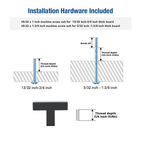 Installation diagram for 2 Pack Black Cabinet Knobs 2 Inch Overall Length Single Hole Drawer Handles, detailed screw measurements.