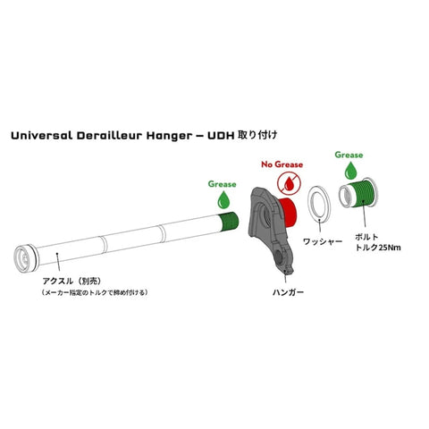 Universal Derailleur Hanger UDH assembly diagram for road, gravel, and mountain bikes in espresso color, CNC machined.