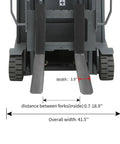 Front view of Heavy Duty 3 Wheel Electric Forklift Stacker With Full Power System showing fork dimensions and overall width.