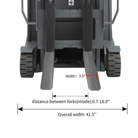Front view of Heavy Duty 3 Wheel Electric Forklift Stacker With Full Power System showing fork dimensions and overall width.