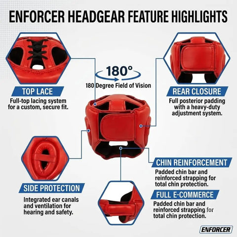 Enforcer headgear feature highlights with detailed views of top lace, rear closure, side protection, and chin reinforcement. Pro Boxing Gloves And Headgear Set Featuring 16 Oz Heavy Duty Padding In Red And Black Goated Training Gear For Athletes Craving Knockout Power During Intense Sparring Rounds Built Brutal For True Gym Hustle And Total Ring Domination.